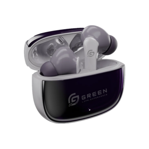 Green Airbeat 320 Deep Slate Purple earbuds with open case