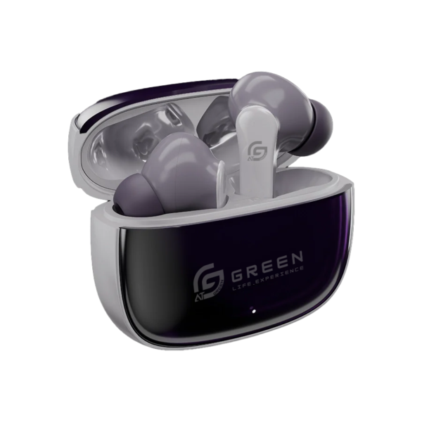 Green Airbeat 320 Deep Slate Purple earbuds with open case