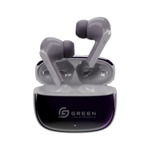 Deep Slate Purple Airbeat 320 earbuds positioned inside charging case