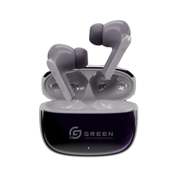 Deep Slate Purple Airbeat 320 earbuds positioned inside charging case