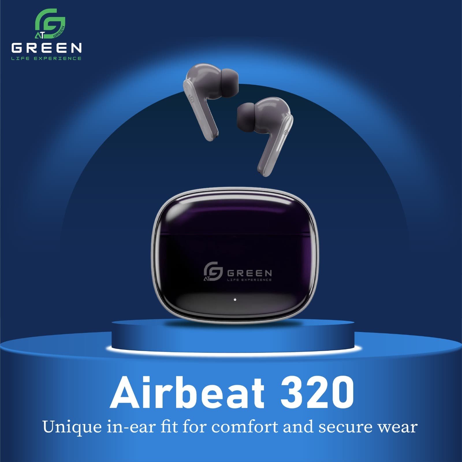 Green Airbeat 320 True ENC wireless earbuds promotional graphic