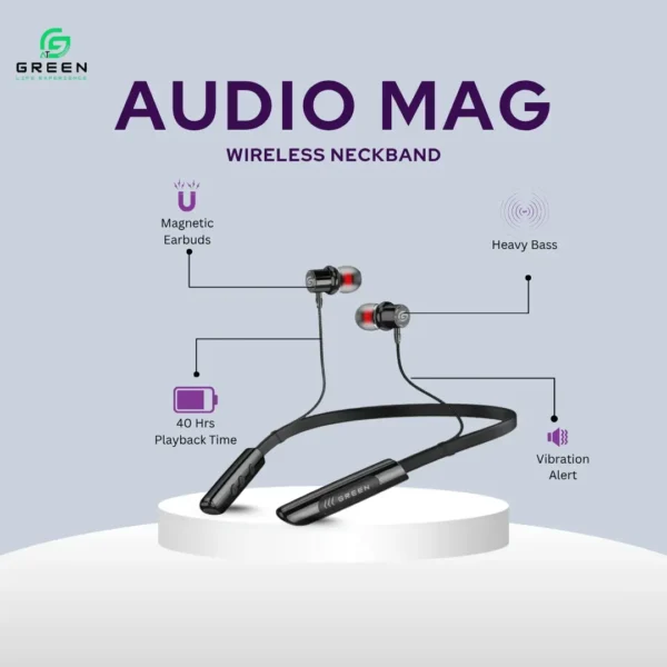 Green Audio Mag wireless neckband with magnetic earbuds and feature overview