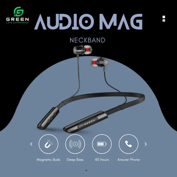Green Audio Mag Neckband with magnetic power control and calling features