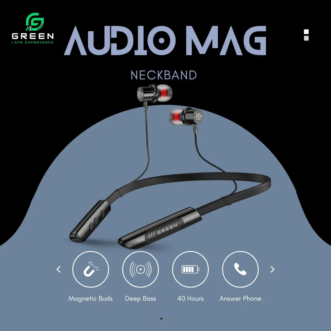 Green Audio Mag Neckband with magnetic power control and calling features