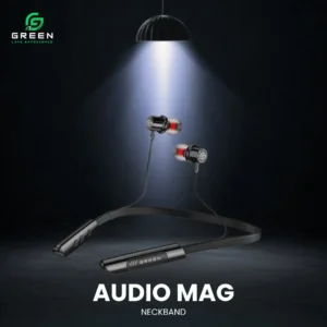 Green Audio Mag wireless neckband displayed under a spotlight