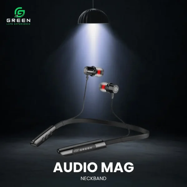 Green Audio Mag wireless neckband displayed under a spotlight