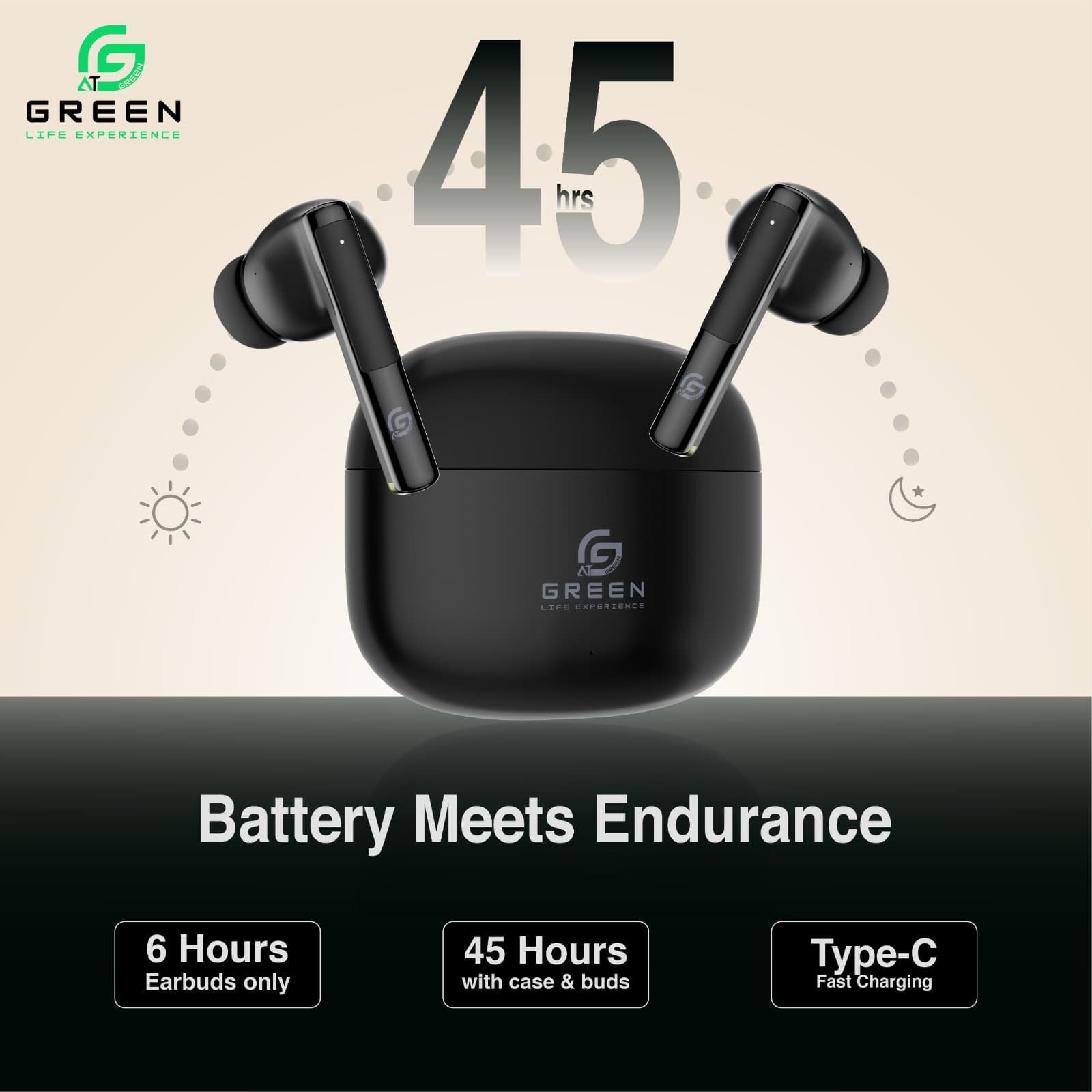 Green Buds Pro ANC with up to 45 hours total playback