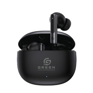 Green Buds Pro ANC black earbuds with open charging case