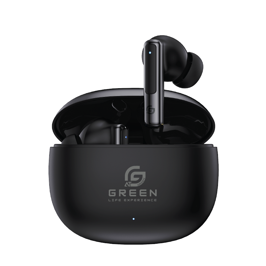 Green Buds Pro ANC black earbuds with open charging case