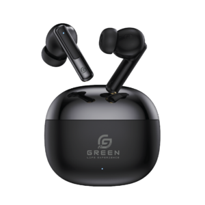 Black Green Buds Pro ANC earbuds positioned above charging case