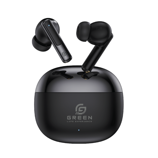 Black Green Buds Pro ANC earbuds positioned above charging case