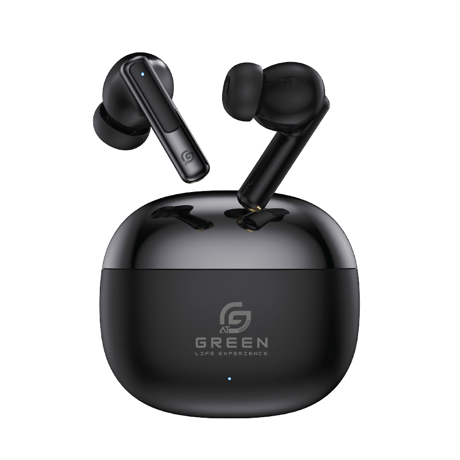 Black Green Buds Pro ANC earbuds positioned above charging case