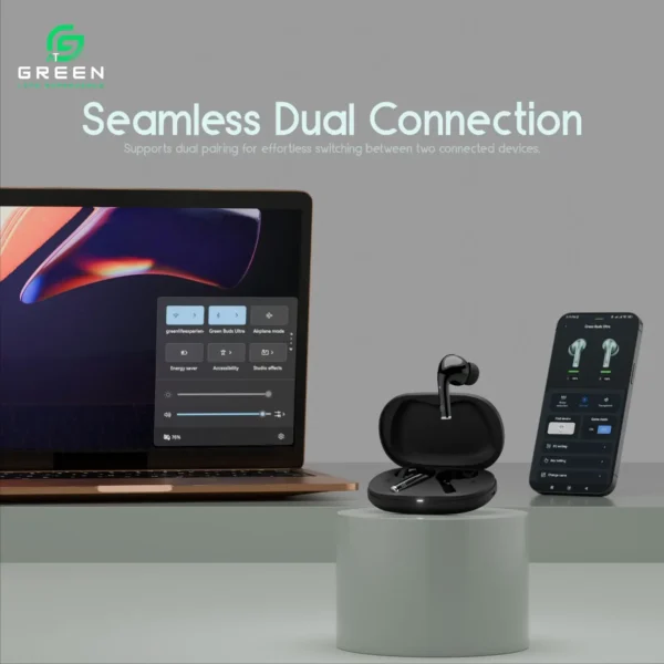 Green Buds Ultra ANC connected simultaneously to a smartphone and laptop