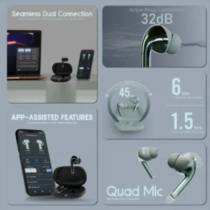 Green Buds Ultra ANC playback time and charging features