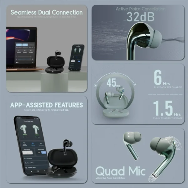 Green Buds Ultra ANC playback time and charging features