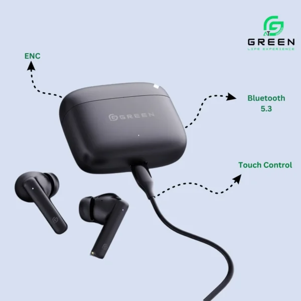 Green Leaf-161 earbud and charging-case design with touch controls