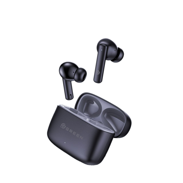 Green Leaf 161 Product View Green Leaf-161 black earbuds with an open charging case