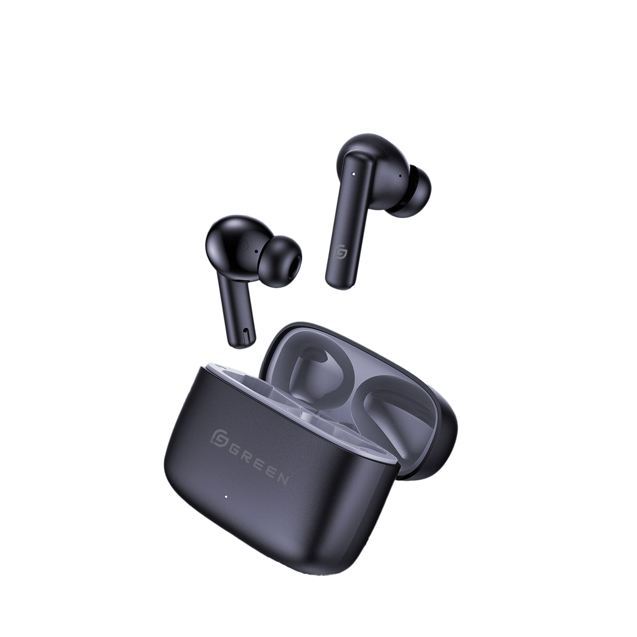 Green Leaf-161 black earbuds with an open charging case