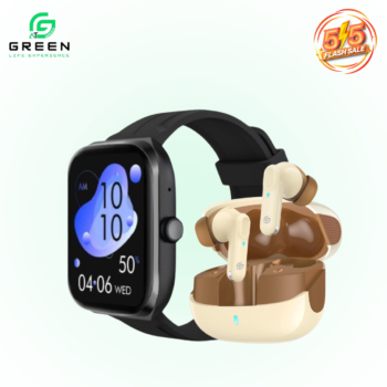 Green Combo Airbeat-520 Dual Mic ENC Earbuds & vision Fit metallic Smartwatch